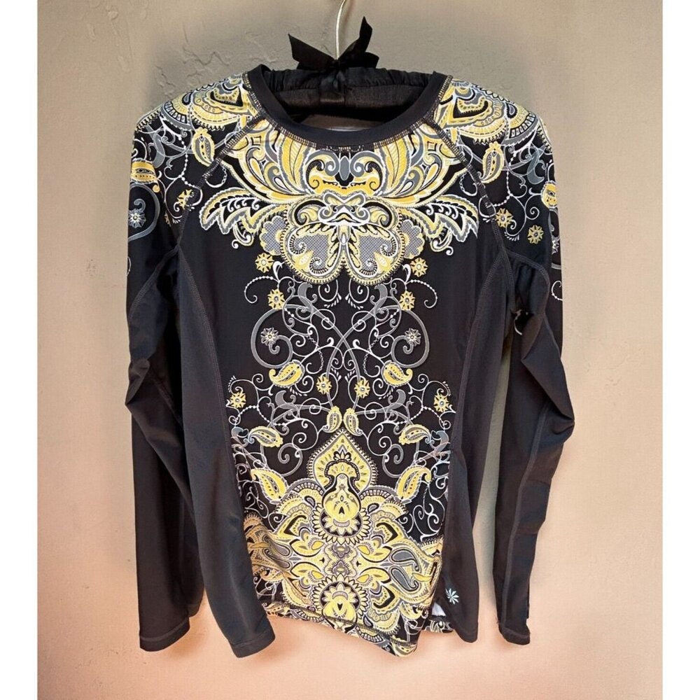 Athleta Women's Size XS Black Yellow Paisley Long Sleeve Stretch Knit Active Top
